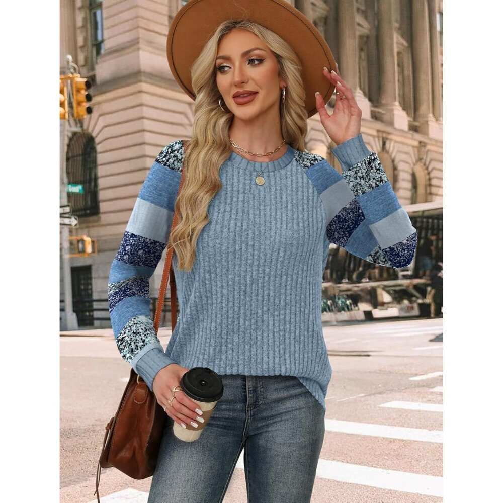Women's sky Blue Stripes Color Block Long Sleeve Shirt Lightweight Sweater - Picture 4 of 5